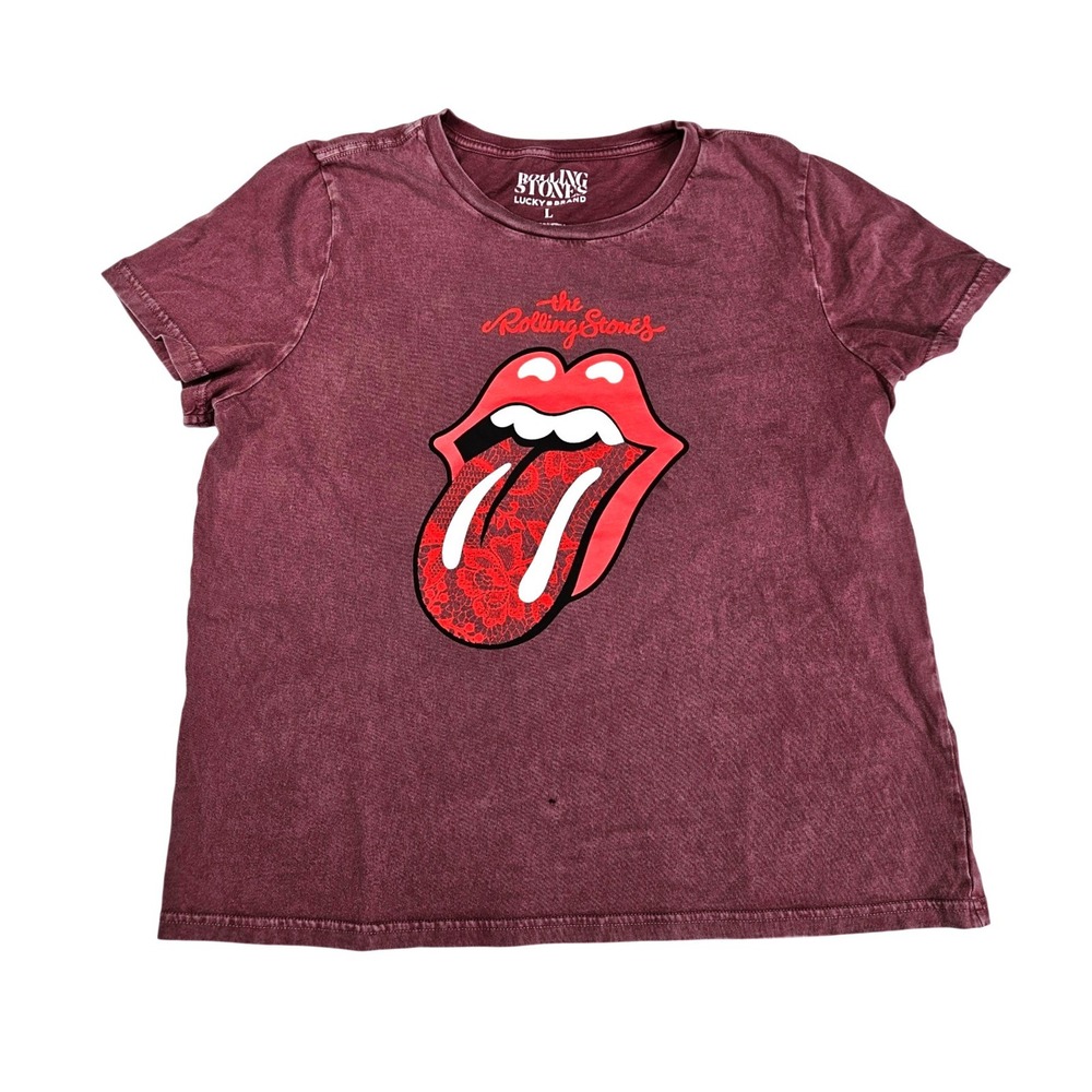 Lucky Brand Rolling Stones Graphic Tee Burgundy Mineral Wash Lace Tongue Large